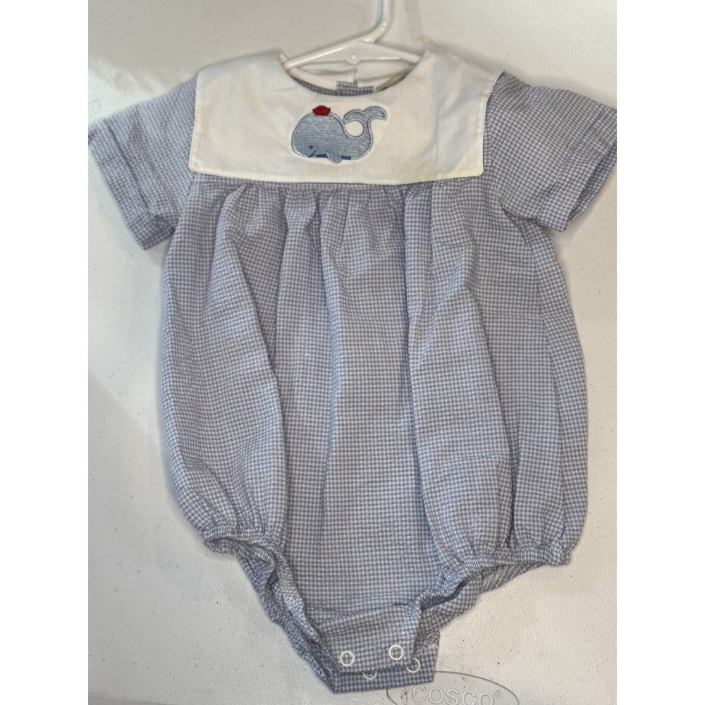 Classy Couture 12M Light Blue Gingham Collared Bubble Romper Whale Embroidery